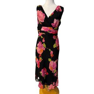 Jones New York Midi Dress 10 Silk Black Pink Red Floral Flowy Sleeveless